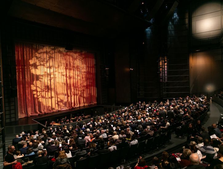 Image of the Harris Theater auditorium filled with people sitting down. 