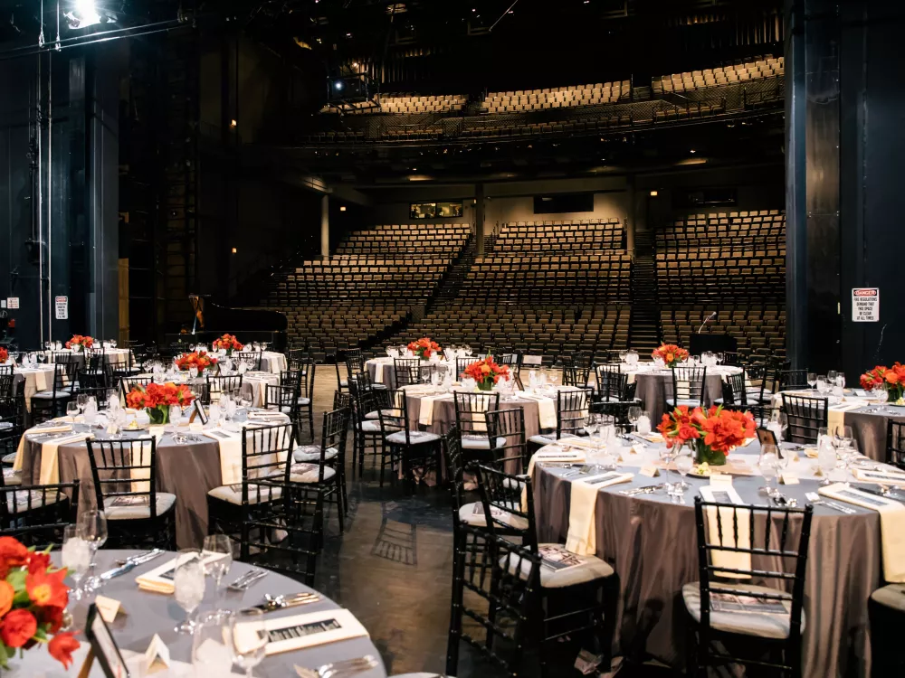 Picture of a seated dinner onstage.