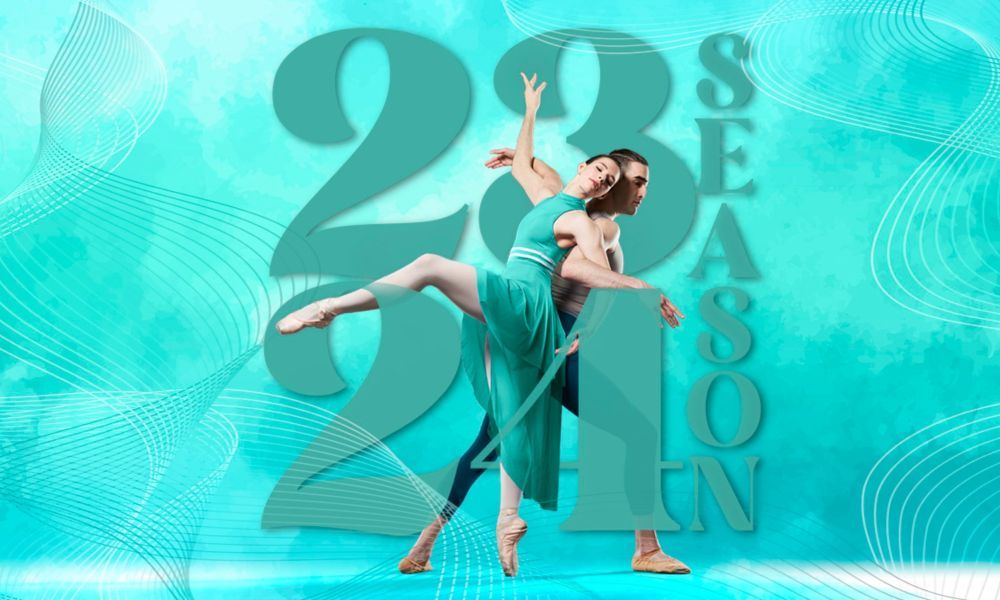 Two dancers pose inside the words 23/24 Season with a teal background.