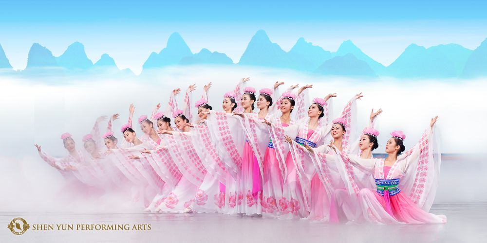 An image of blue snowy mountains where several poses of a dancer are spread out making the illusion that the dancer is moving.