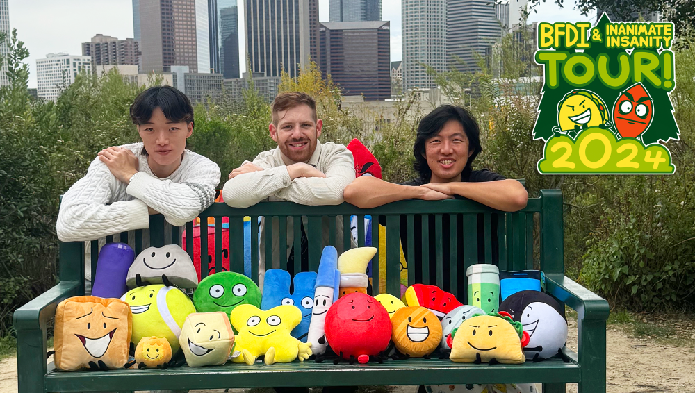 Image featuring (from left to right) Micahel Huang, Adam Katz, and Cary Huang resting on the top of a bench, while several plush characters sit on the seat of the bench.