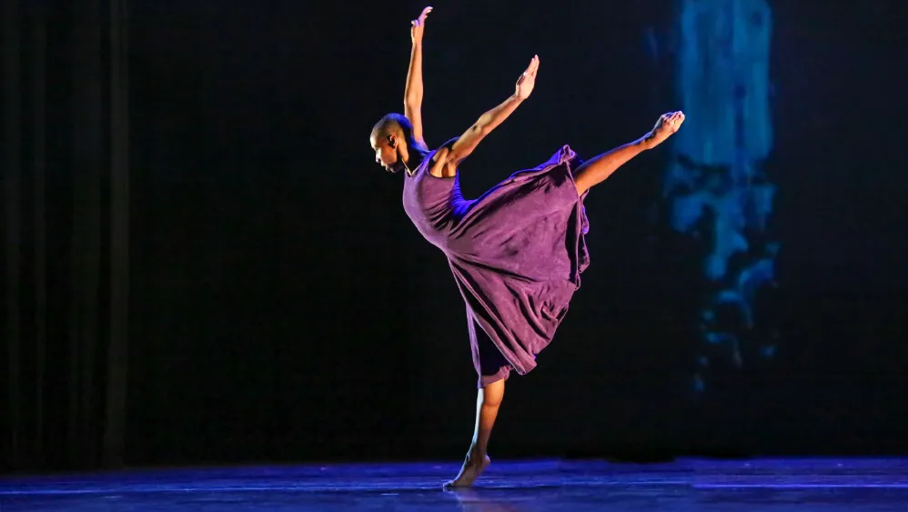 Dancer in a flowing purple dress balances on one leg with arms extended and back leg lifted, performing on a dimly lit stage.