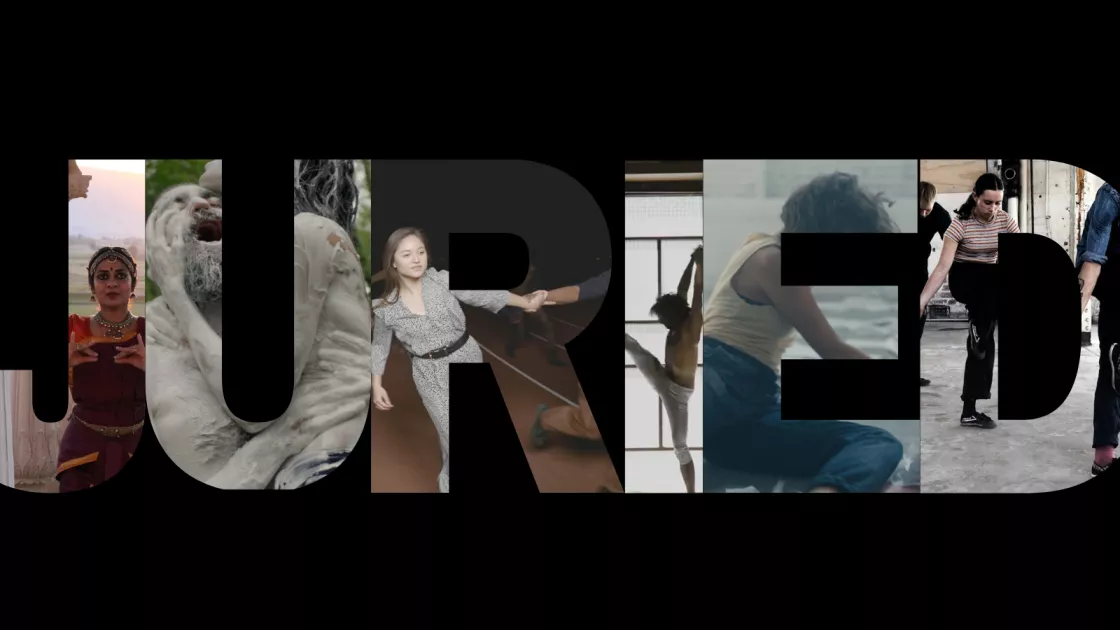 Still images of various dancers spell the word "JURIED" against a solid black background