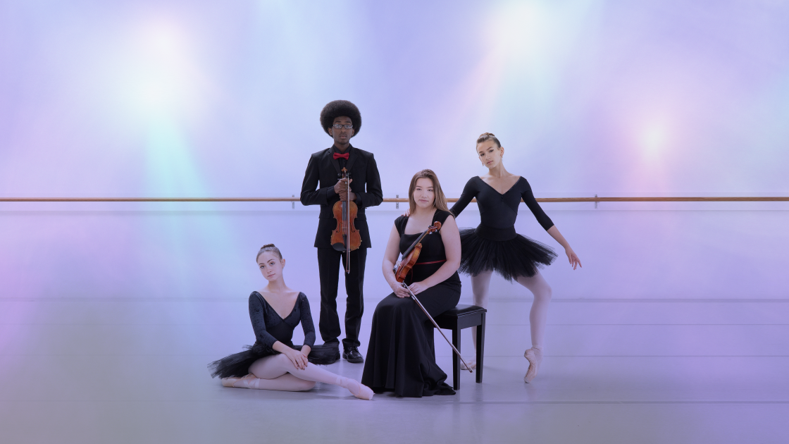 Two student dancers pose with two student musicians