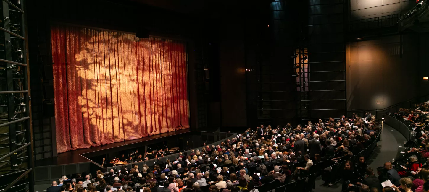 Image of the Harris Theater auditorium filled with people sitting down. 