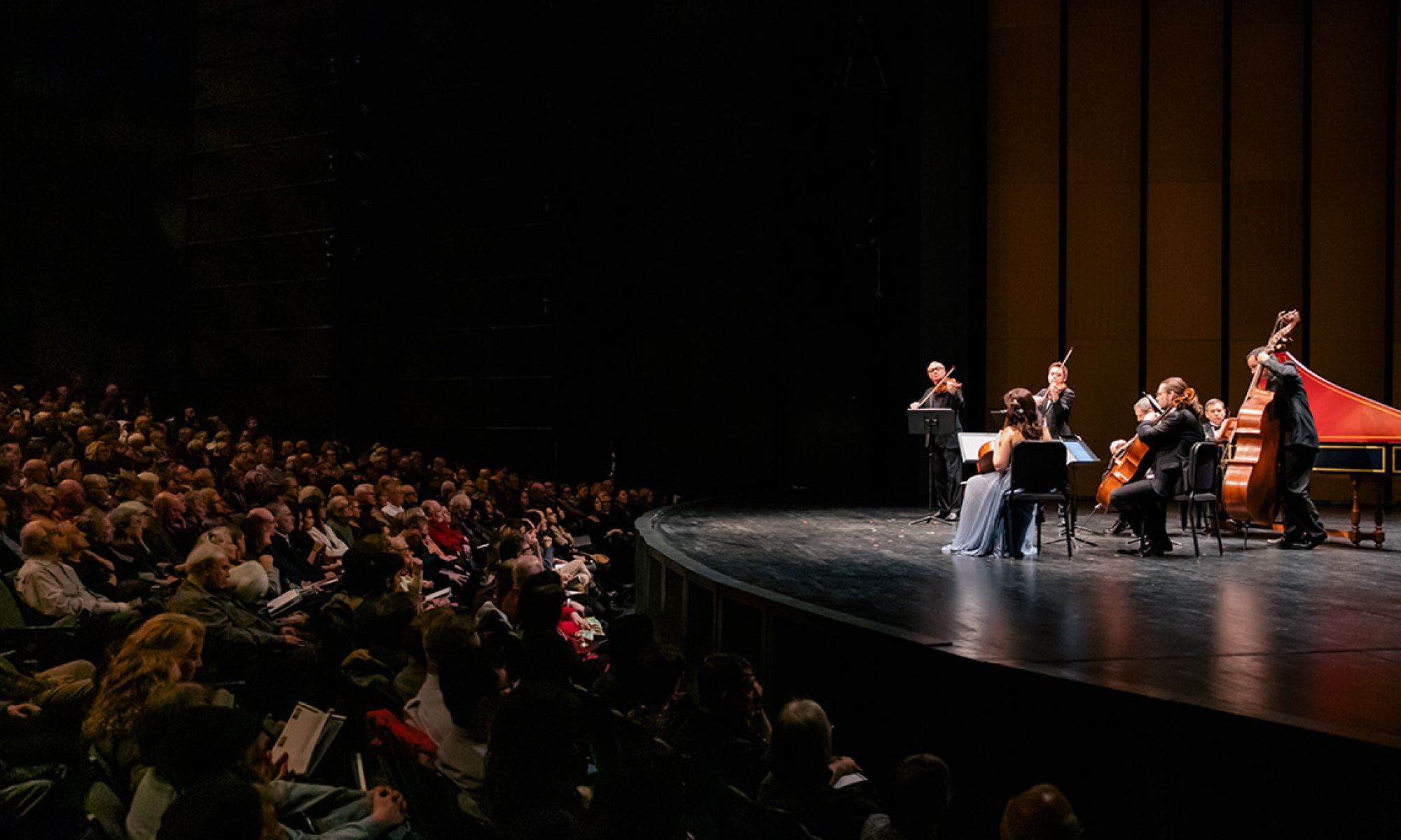 A view of the Brandenburg Concertos being performed from the side of the stage