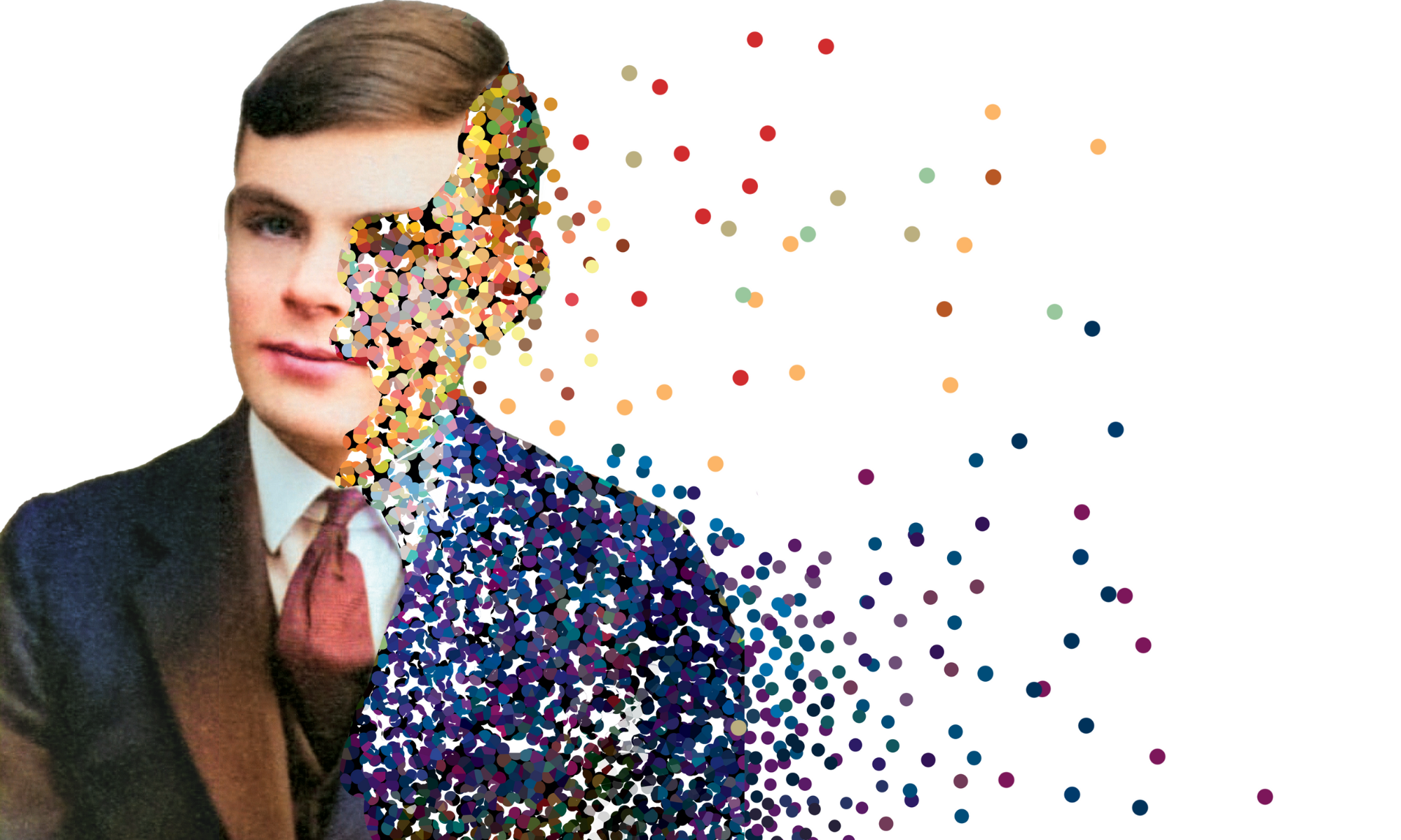 A young Alan Turing portrait that slowly fizzes out to pointillism dots