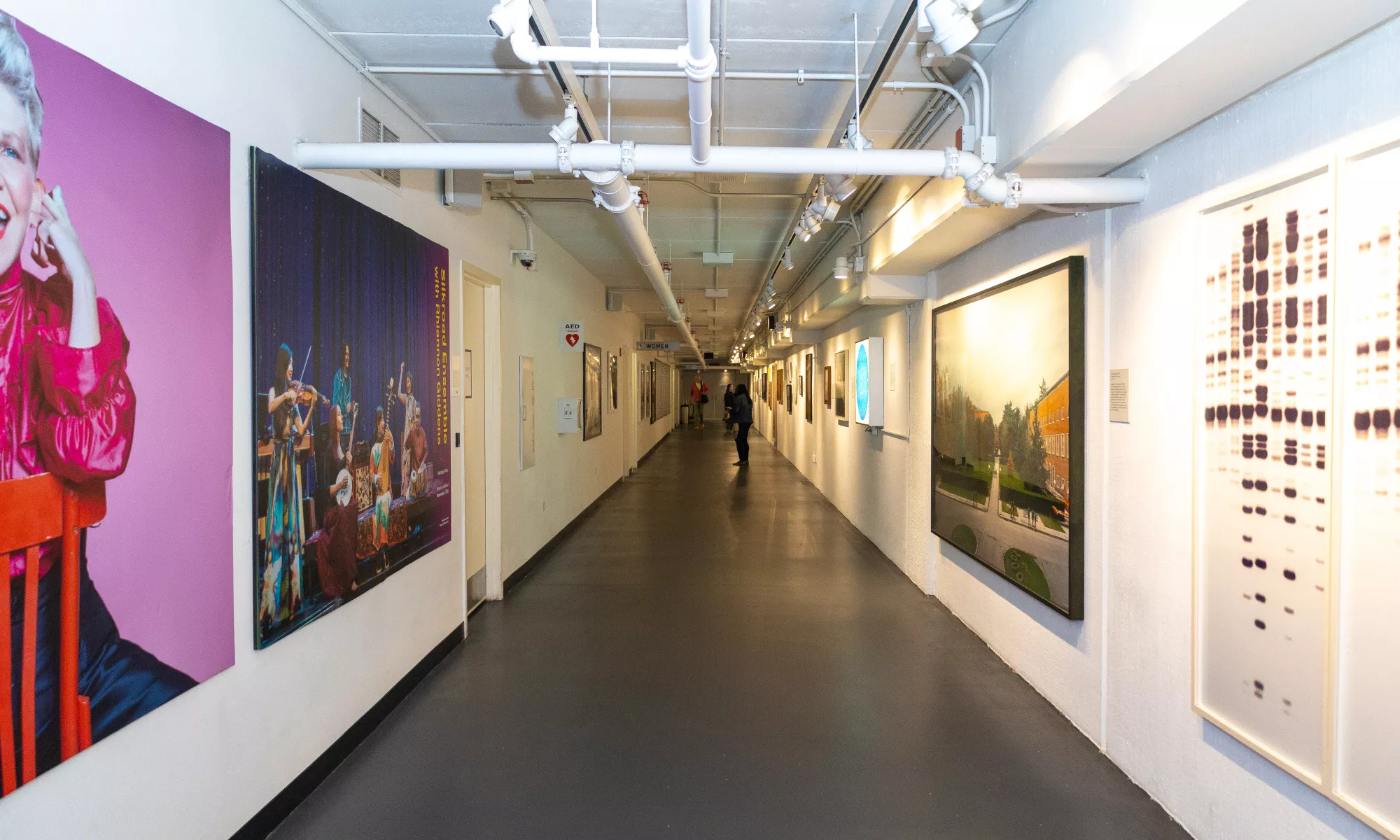 The Guthman Gallery hallway. Frames and murals are hung on the wall on the left and right walls.