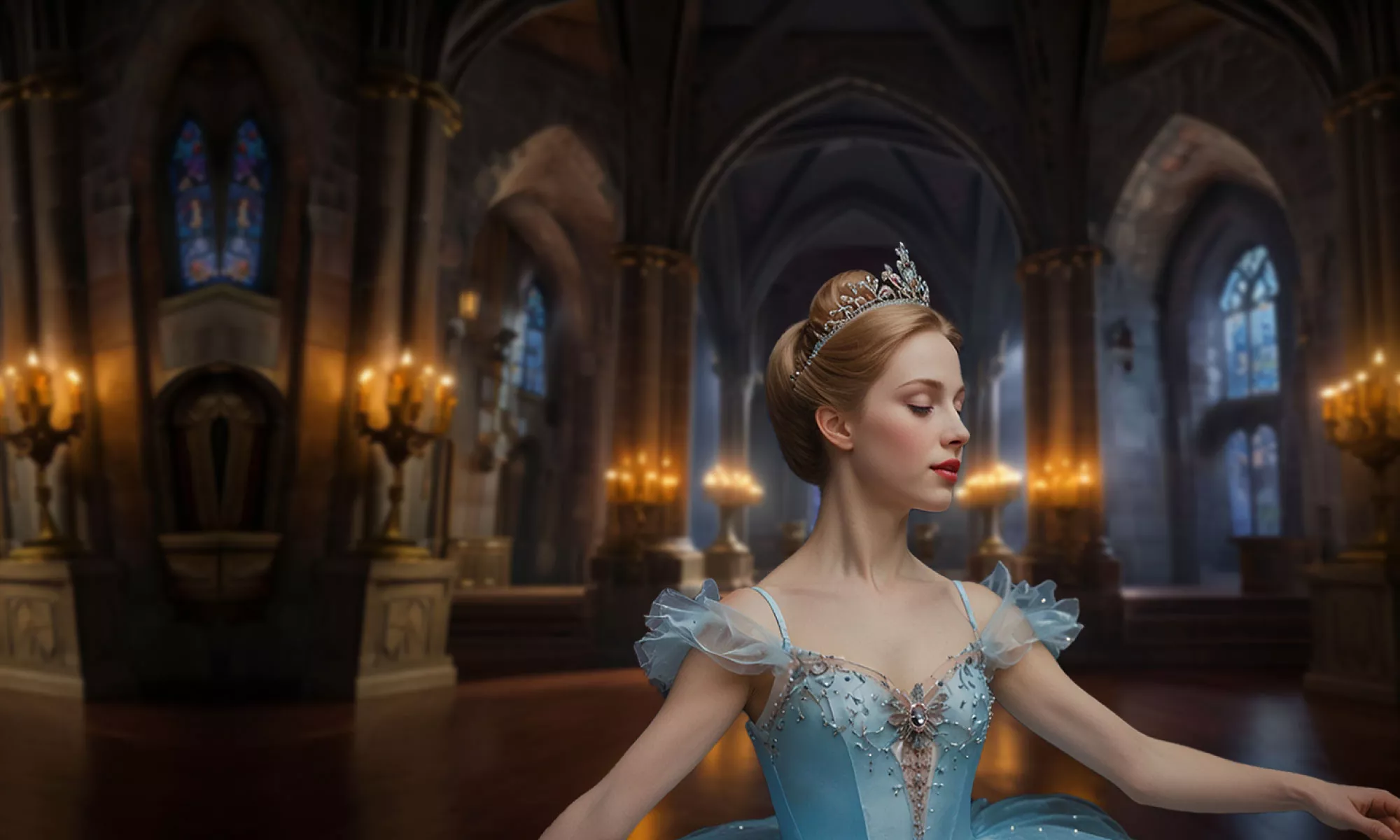 A young women dresses as a princess inside a castle. 