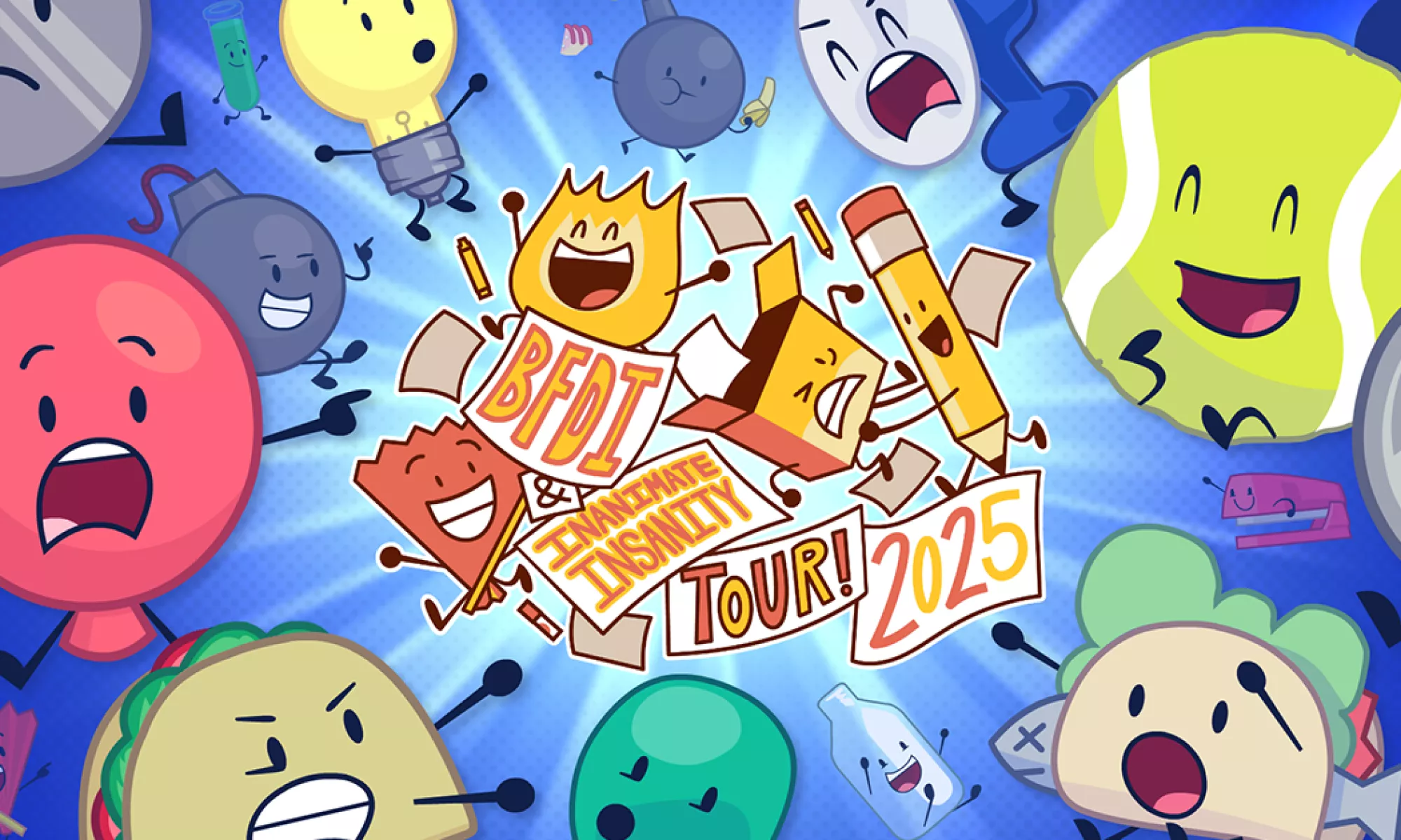 An illustration of animated school supplies, tacos, tennis ball, etc.
