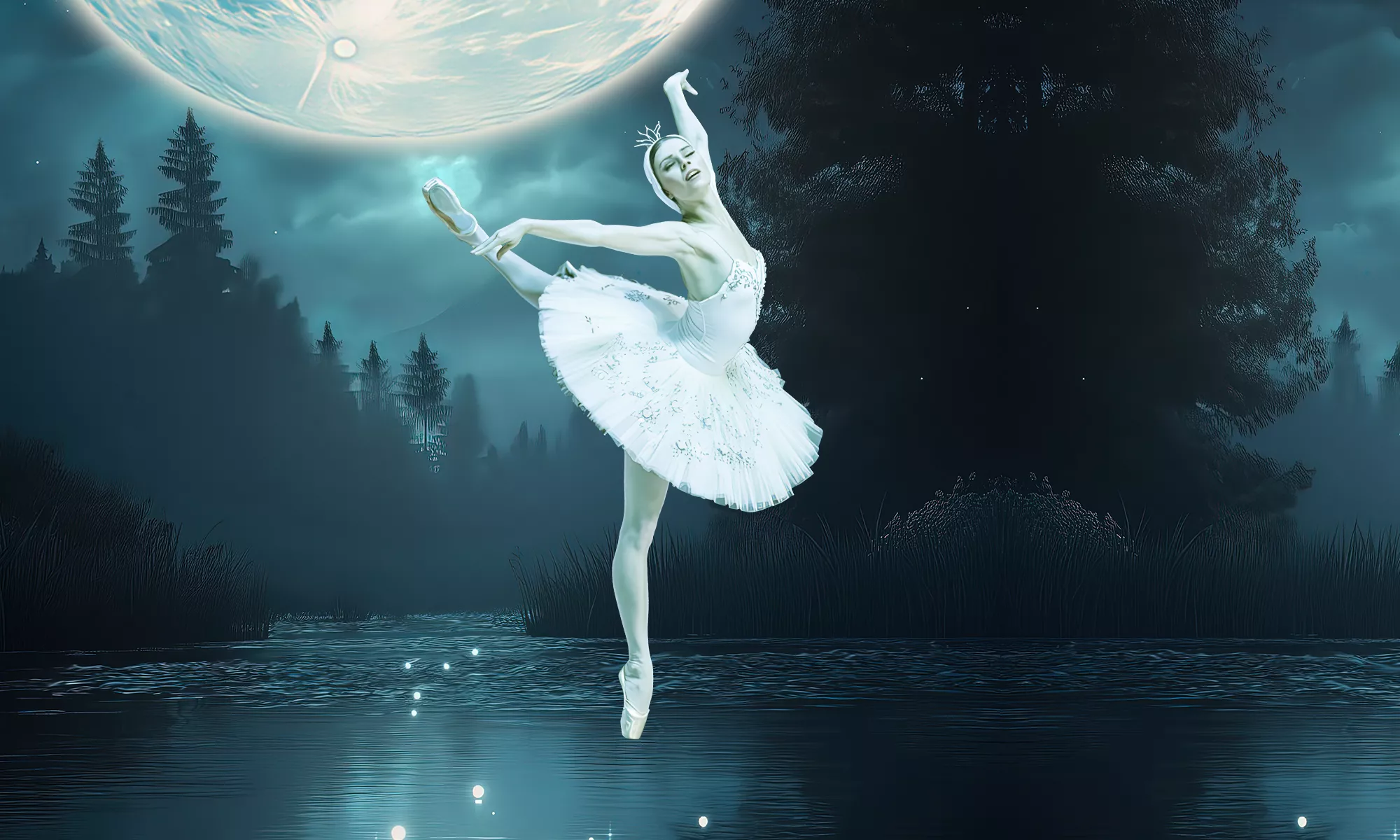 A ballerina in penché position. A lake and forest during a full moon serve as background.
