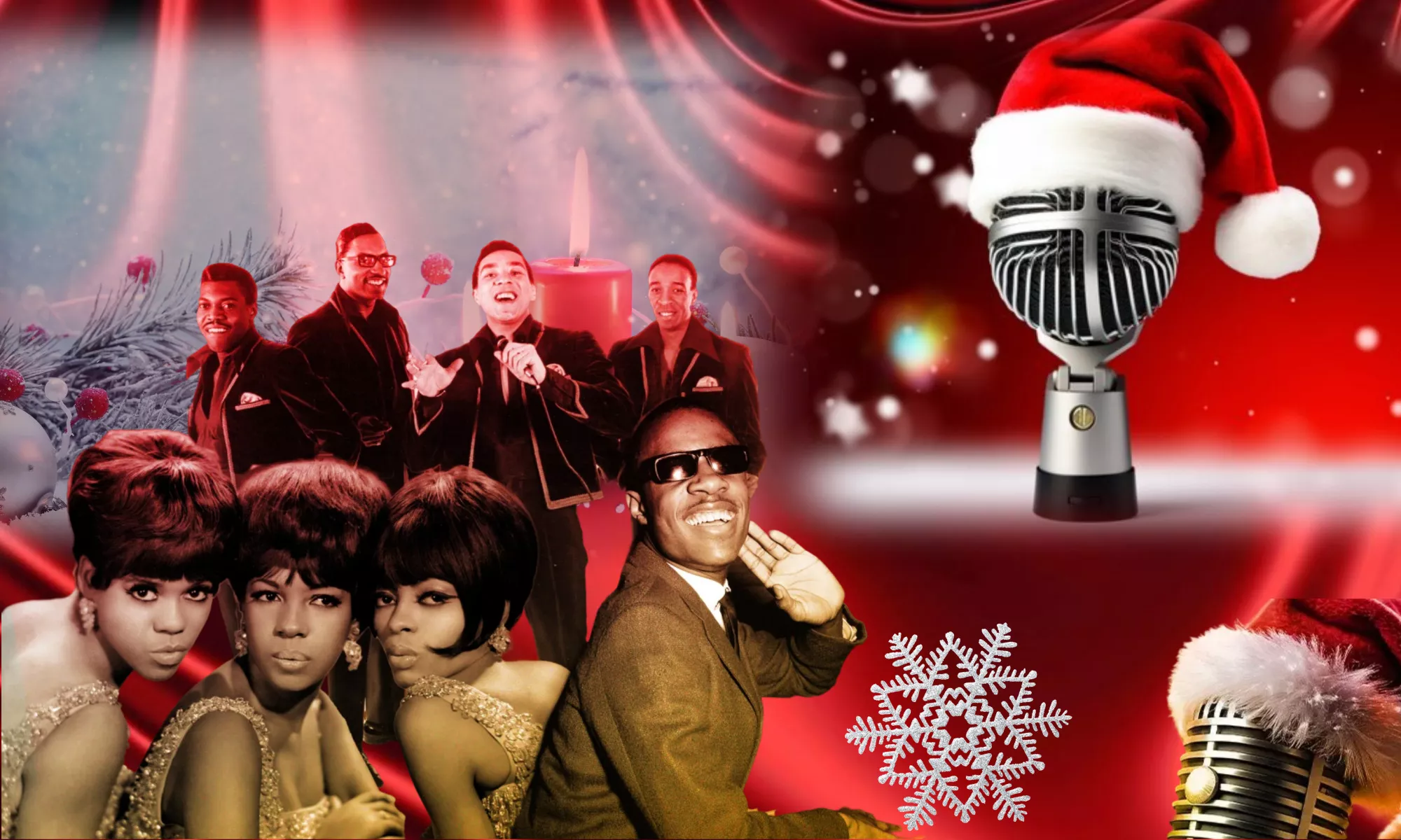 Stevie Wonder, The Temptations, and the Miracles cropped together on a red background with snowflakes and microphones wearing a Santa Claus hat.