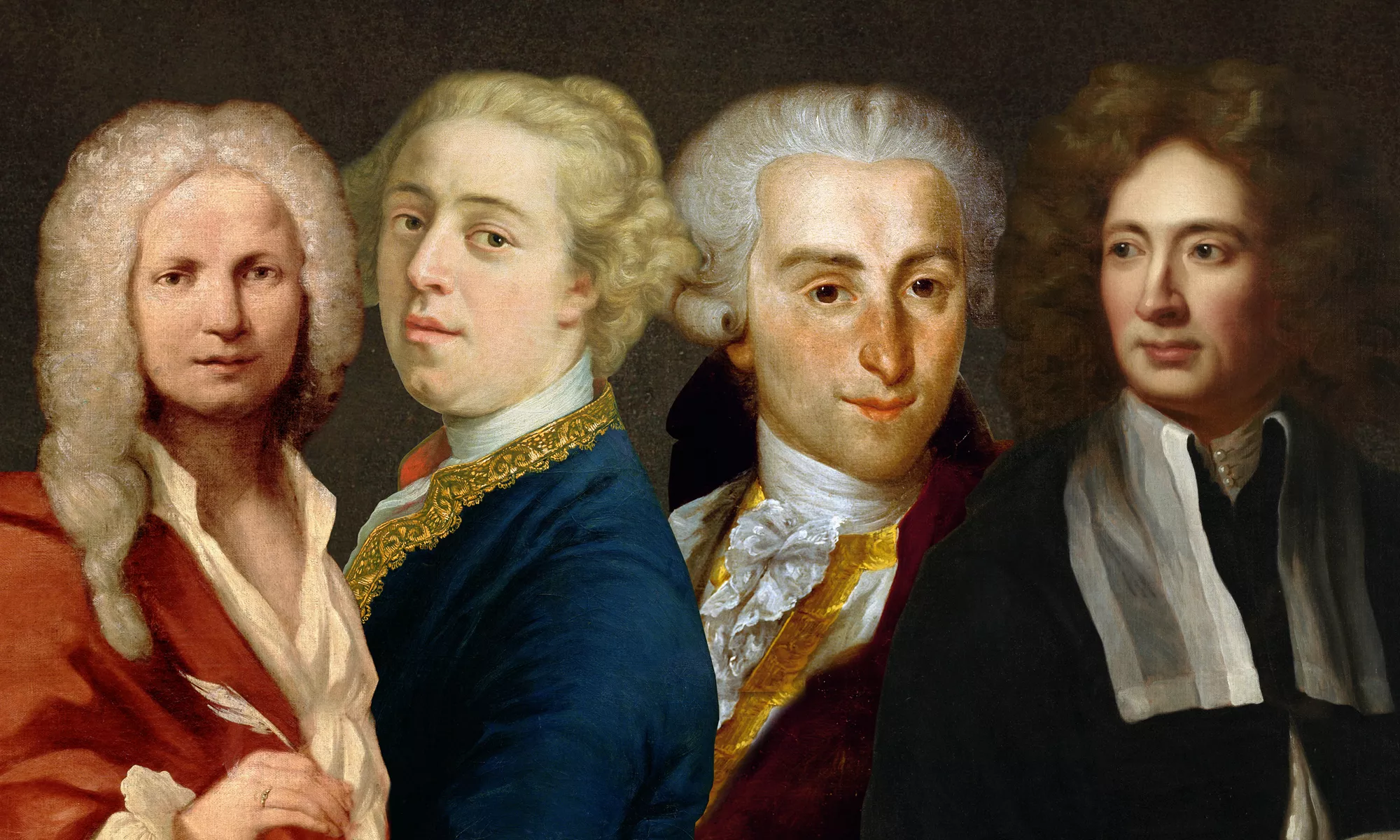 Images of composers Vivaldi, Geminiani, Sammartini, and Corelli
