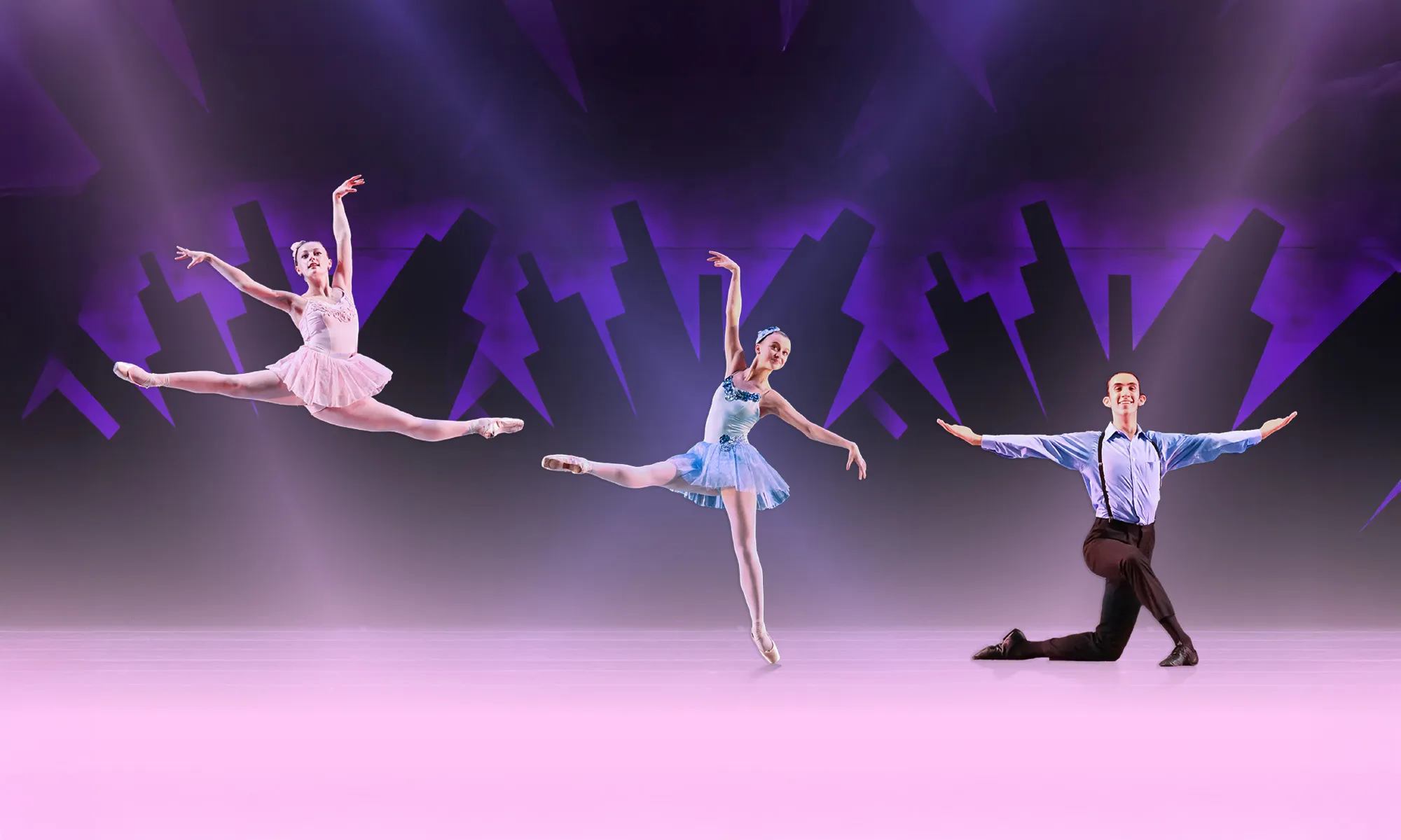 Three ballet dancers pose on stage before a purple city skyline; one leaps, one balances on pointe, and one kneels with arms extended.