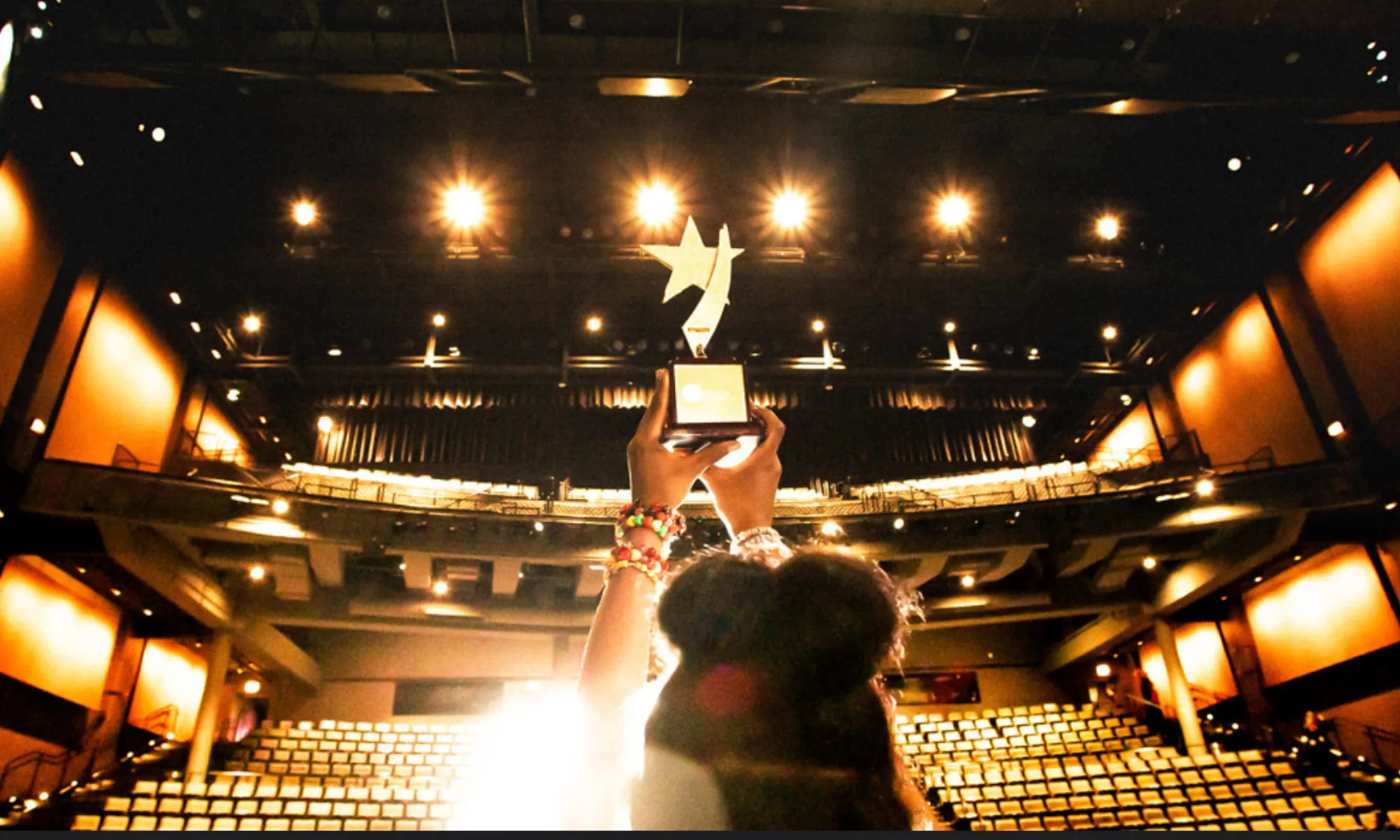 Award being proudly hoisted towards the bright lights of the Harris Theater.