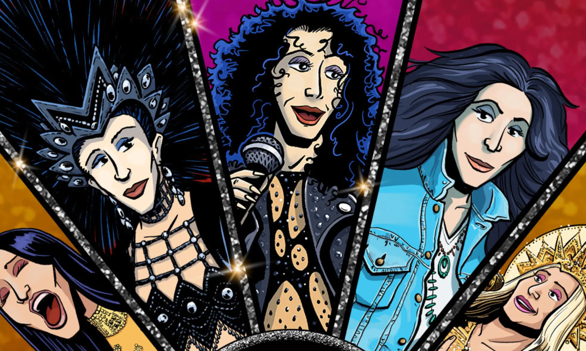 A collage of Cher illustrations.