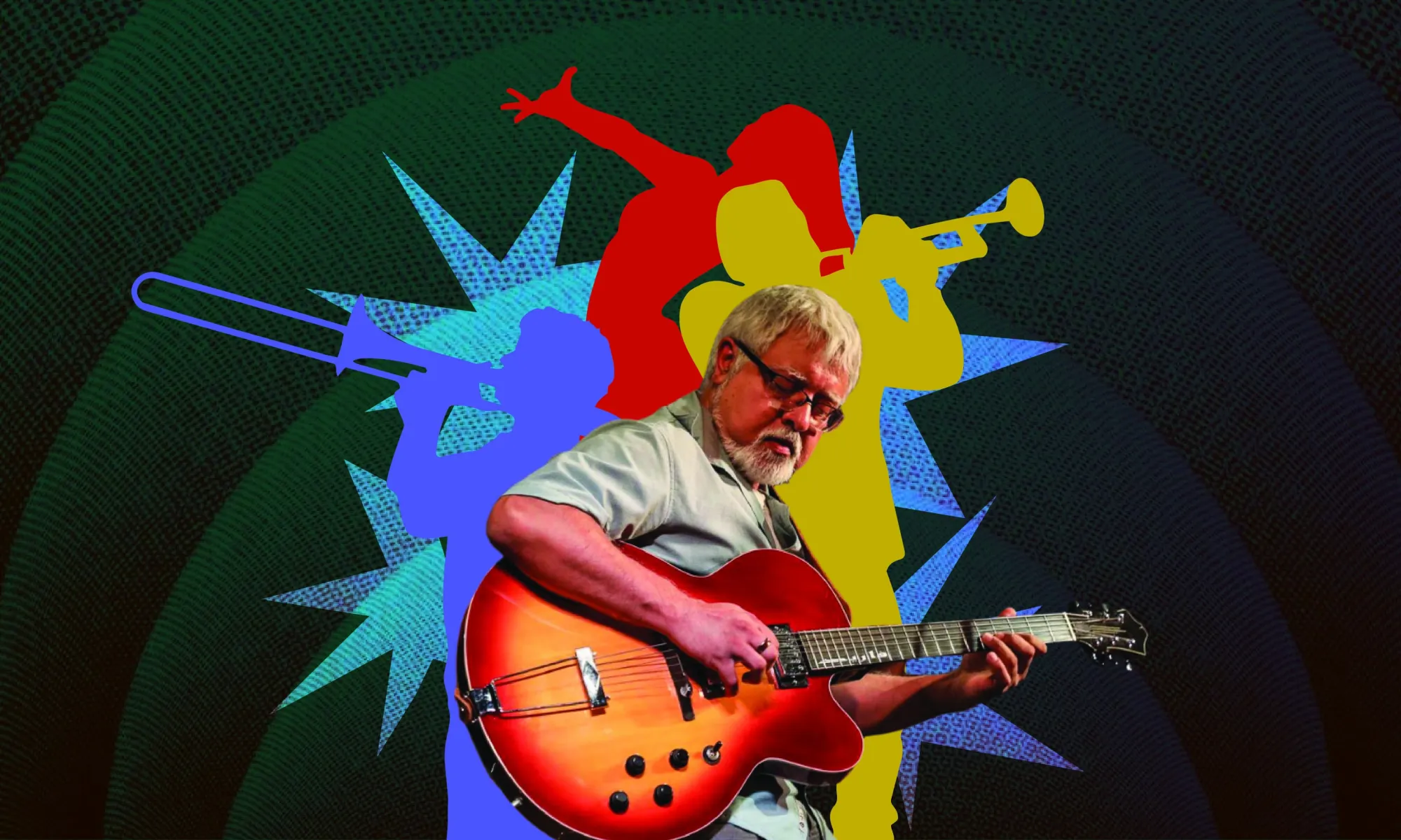 At the center of the image, musician and curator Fareed Haque plays a guitar. Behind him are silhouette illustrations of artists and dancers performing. 