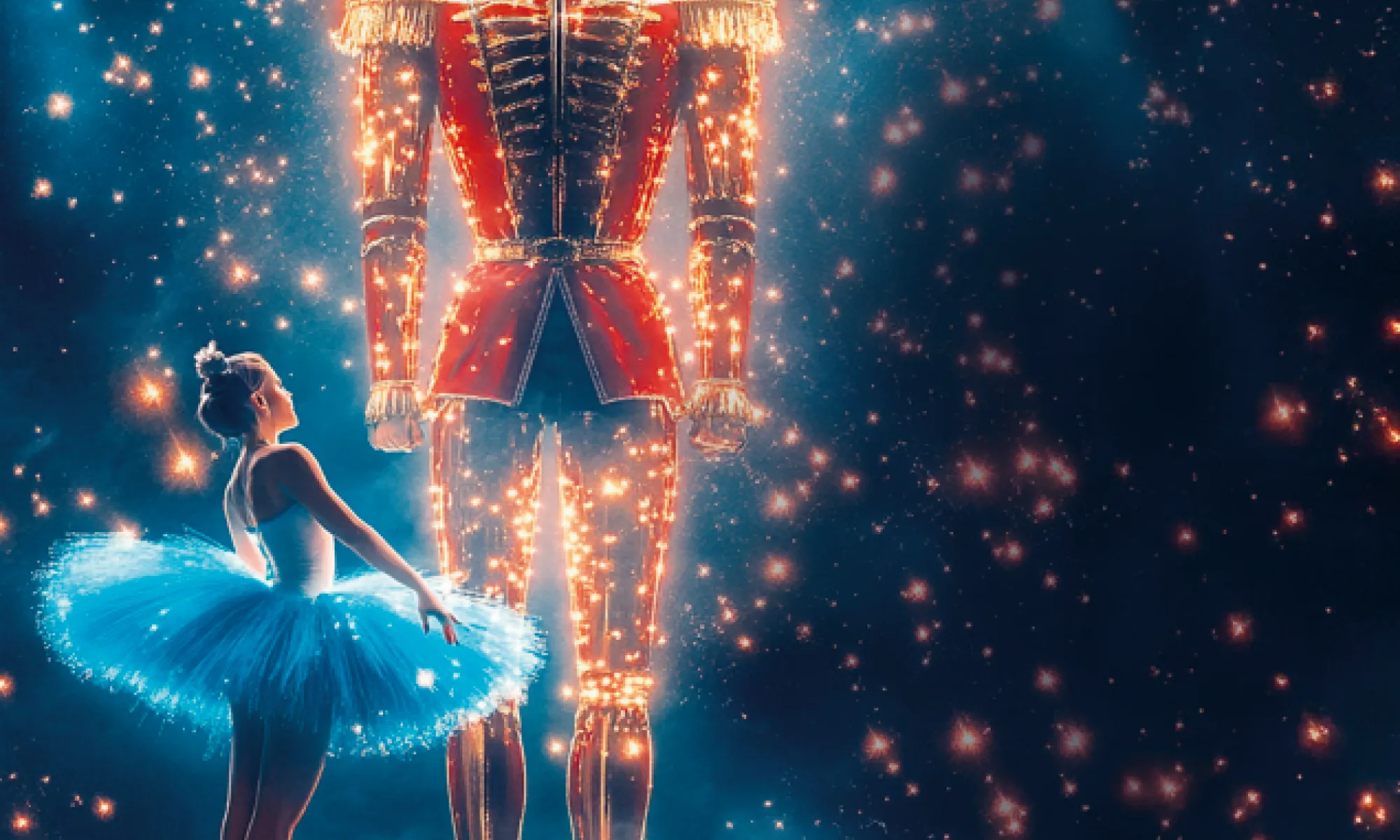 A ballerina facing a large Nutcracker