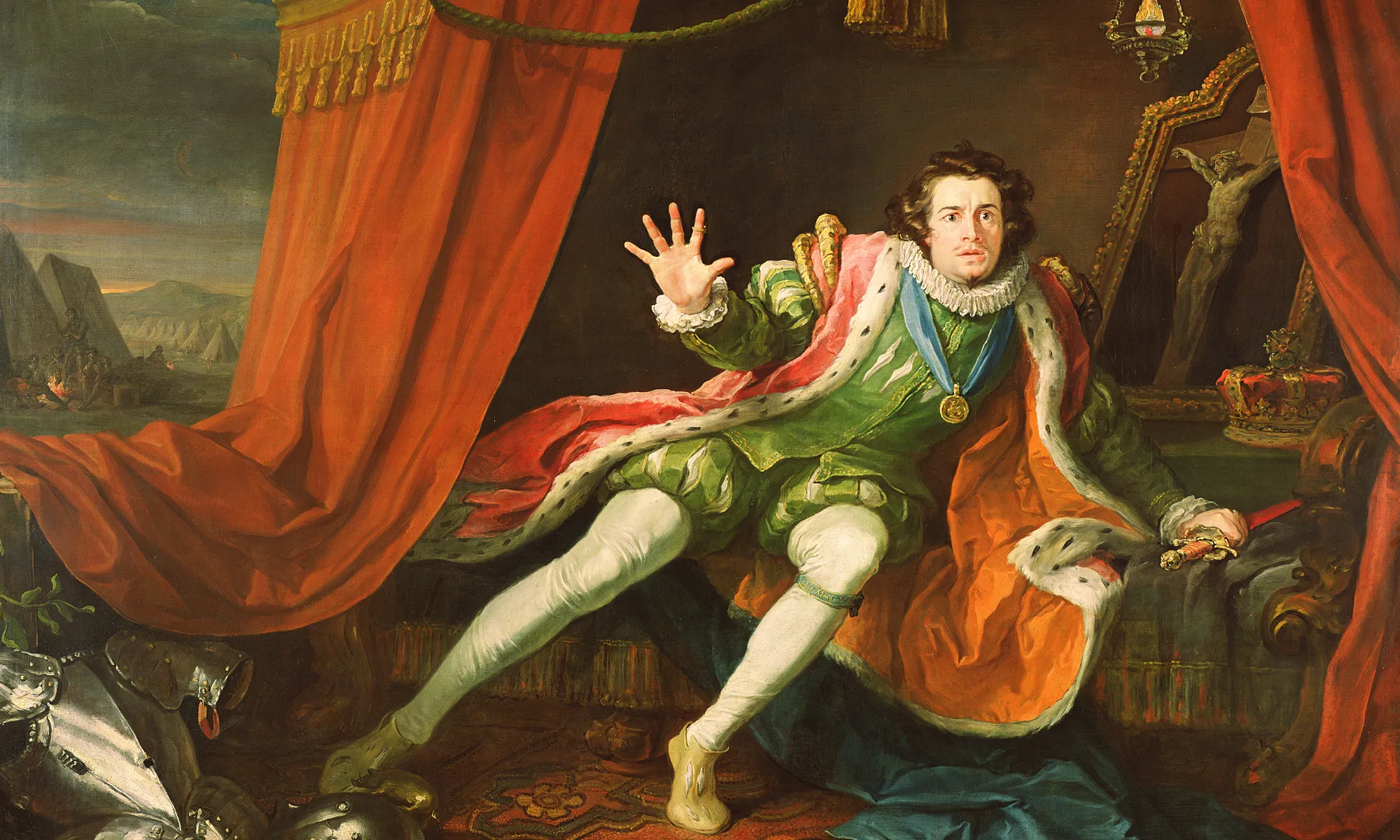a man in opulent renaissance clothes with his hand out