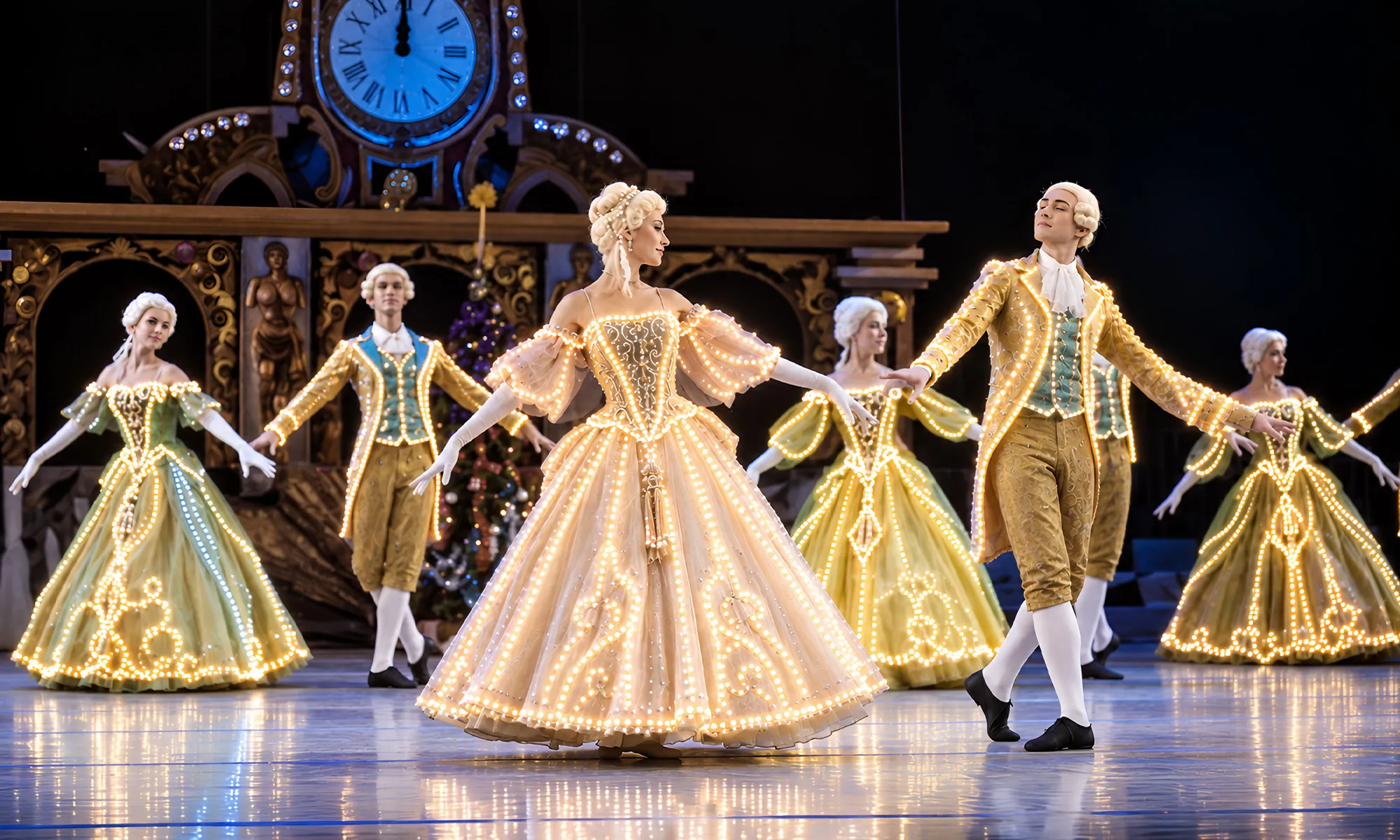 Ballerinas with their costumes lit up with small lights.