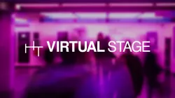 A blurred photo of a white theater lobby with pink and purple neon lighting, with overlaid white text that reads "HT Virtual Stage"