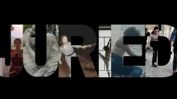 Still images of various dancers spell the word "JURIED" against a solid black background