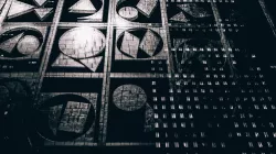 Black and white of artwork by Louise Nevelson hanging in Harris Theater lobby