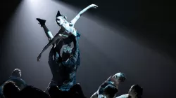 Spotlight of a dance holding another dancer in the air