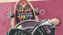 A metallic robot with rainbow teeth is carrying an unconscious chorister dressed in a tuxedo.