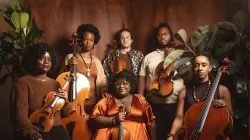 D-Composed members pose together with their instruments in front of a brown solid backdrop and plants.