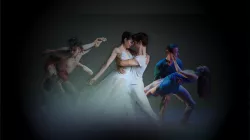 Three Ballet duets in dynamic poses, highlighting 3 of Ballet 5:8's ballets. Shadows and lighting overlayed slightly distort the dancers. 
