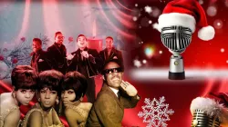 Stevie Wonder, The Temptations, and the Miracles cropped together on a red background with snowflakes and microphones wearing a Santa Claus hat.