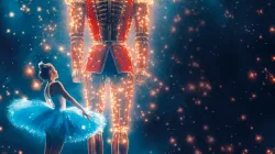 A ballerina facing a large Nutcracker