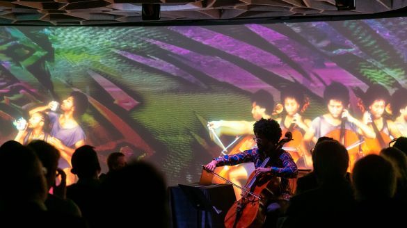 Seth Parker Woods playing a string instrument in front of a colorful projection.