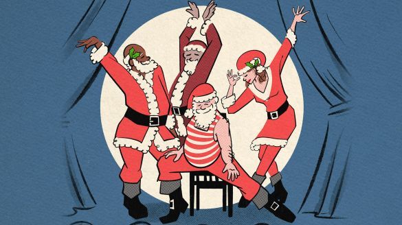 An illustrated image of four people wearing Santa costumes and posing in a spotlight on a blue background, drawn to resemble a curtain and floor stage lights. Three are standing with their arms outstretched and one is seated in a black chair in the center, left leg outstretched.