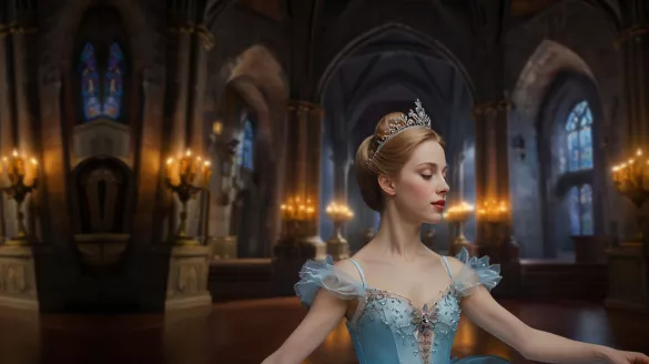 A young women dresses as a princess inside a castle. 