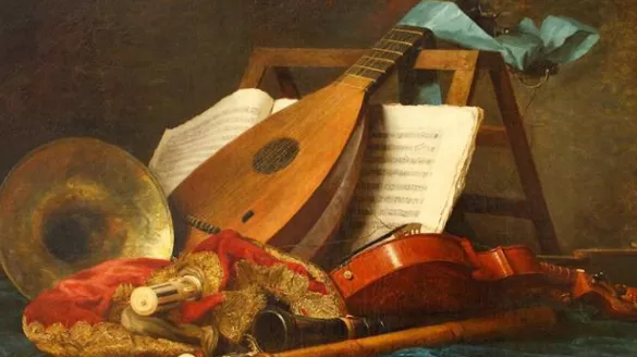Image of a lute resting against sheet music surrounded by a violin, oboe, and other instruments