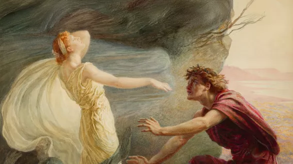 Image of Orpheus looking at Euridice as a spirit looms behind her