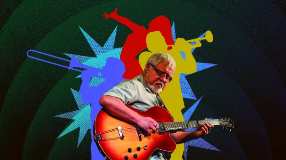 At the center of the image, musician and curator Fareed Haque plays a guitar. Behind him are silhouette illustrations of artists and dancers performing. 