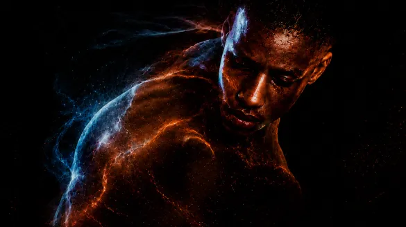 A dancer looking down shirtless. A string of blue and yellow lights cover their whole body.