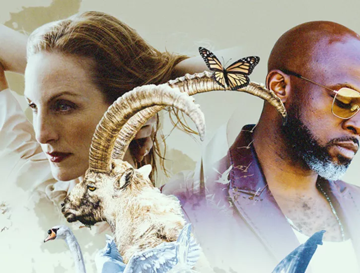Wendy Whelan (on the left) and Marc Bamuthi Joseph (on the right) with illustrations of sheep, butterflies, and clouds throughout.