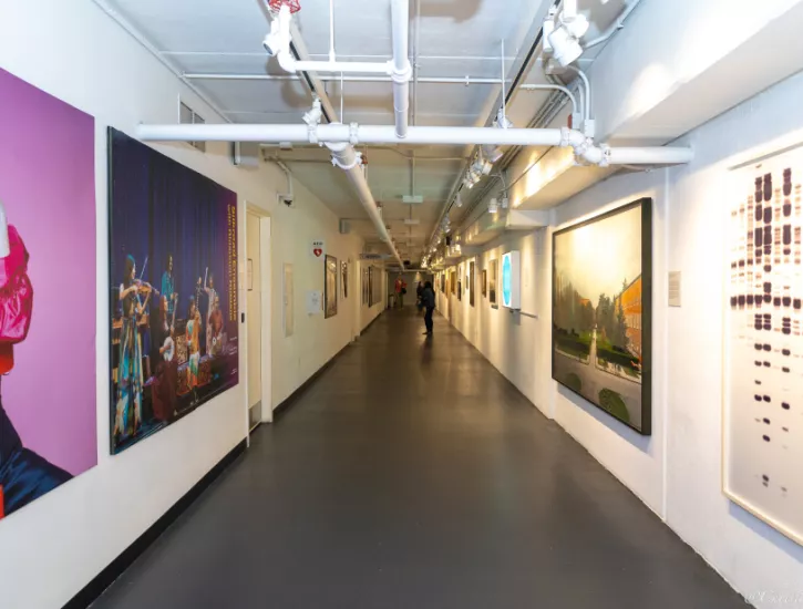 The Guthman Gallery hallway. Frames and murals are hung on the wall on the left and right walls.