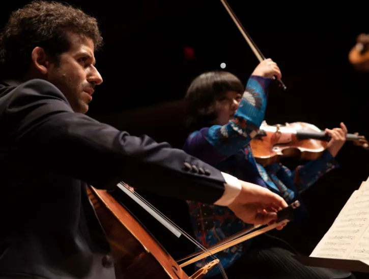 Two musicians playing string instruments.
